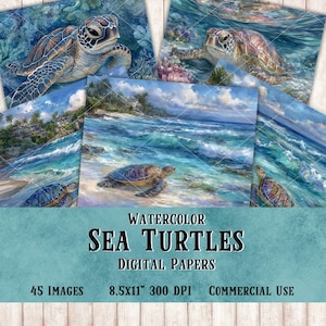 Watercolor Sea Turtle Digital Paper: Scrapbook, Junk Journal (8.5x11 JPEG, Commercial Use License)