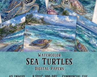 May include: A collection of watercolor digital papers featuring sea turtles in various ocean scenes. The images showcase turtles swimming in the ocean and resting on sandy beaches. The text reads "Watercolor Sea Turtles Digital Papers". The papers are 8.5x11 inches.