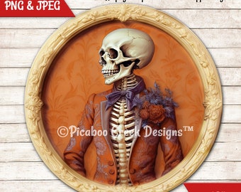 3D Skeleton Gentleman Orange Halloween Sublimation -  Halloween Wreath Sign - Printable Image Download - Round Sign -  Commercial Used
