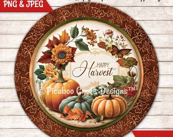 Fall Harvest Pumpkin Wreath Sign: Printable Door Decor (PNG, JPG Digital Download)
