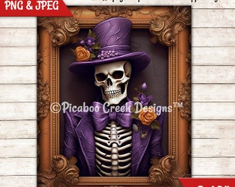 Halloween Sublimation PNG 3D Skeleton Gentleman -  8x10 Halloween Wreath Sign - Printable Image Download - Round Sign -  Commercial Used