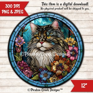 Faux Buntglas Sublimation Design Maine Coon - Katze Haustier Kranz Schild - Türschild - druckbares PNG-Bild - Download - kommerzielle Nutzung