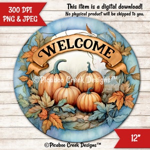 Blue Fall Pumpkins Welcome Sign - Autumn Round Wreath Sign - Sublimation PNG - Printable Image - Downloadable Design Commercial Use