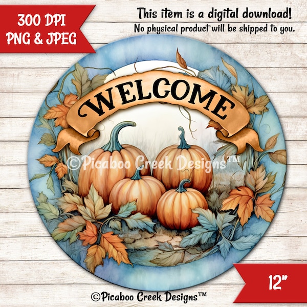 Blue Fall Pumpkins Welcome Sign - Autumn Round Wreath Sign - Sublimation PNG - Printable Image - Downloadable Design Commercial Use