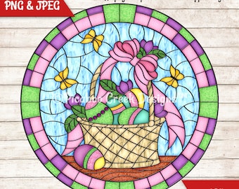 Faux Stained Glass Easter Sublimation Design - Spring Wreath Sign - Door Hanger - Printable Image - Download for crafting - Commercial Use