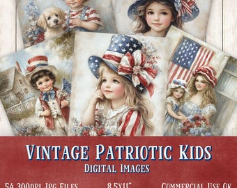 Vintage Patriotic Kids Digital Paper: 4th of July Scrapbook Images (Digital Download)