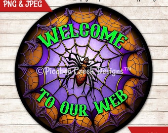 Halloween Faux Stained Glass Sublimation -  Welcome To Our Web Wreath Sign - Printable Image Download - 2 Versions Commercial Use