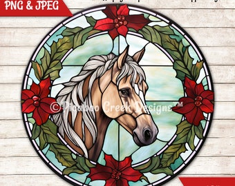 Christmas Faux Stained Glass Sublimation PNG - Pretty Holiday Horse Wreath Sign - Door Hanger  Printable Image - Download - Commercial Use