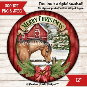 Christmas Horse Sublimation - Country Farmhouse Holiday Wreath Sign - Round Door Hanger - Printable - Download - Commercial Use