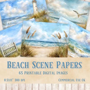 Könnte beinhalten: Eine Sammlung digitaler Bilder mit Strandszenen. Die Bilder zeigen Meereswellen, Sandstrände, einen Leuchtturm und Möwen. Der Text auf dem Bild lautet "Beach Scene Papers" und "65 Printable Digital Images". Die Bilder sind 21,6 x 27,9 cm groß.