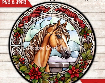 Christmas Horse Faux Stained Glass Sublimation PNG - Pretty Holiday Wreath Sign - Door Hanger  Printable Image - Download - Commercial Use