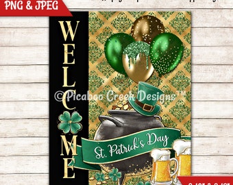 St Patrick's Day Welcome Sign Sublimation Design - Printable Image - Wreath Sign - Spring Door Hanger - Downloadable Image - Commercial Use