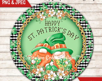 Gnomes Happy St. Patrick's Day Sublimation Design - Digital Printable image - Round Wreath Sign - Digital Download - Commercial Use