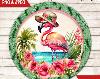 Cute Flamingo Sublimation Design PNG - Summer Beach Wreath Sign - Door Hanger - Printable PNG Image - Downloadable Image - Commercial Use