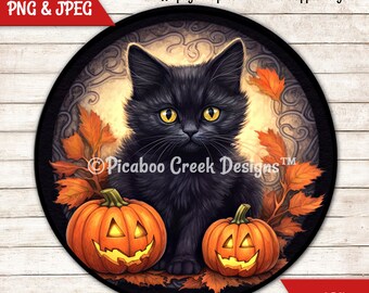 Cute Black Cat Jack o' Lanterns Halloween Sublimation -  Halloween Wreath Sign - Printable Image Download - Round Sign -  Commercial Use