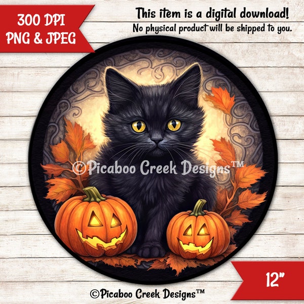 Cute Black Cat Jack o' Lanterns Halloween Sublimation -  Halloween Wreath Sign - Printable Image Download - Round Sign -  Commercial Use