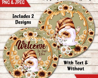 Cute Gnome Bumble Bee Sublimation Design PNG - Honey Bee Welcome Wreath Sign - Door Decor - Printable - Digital Download - Commercial Use