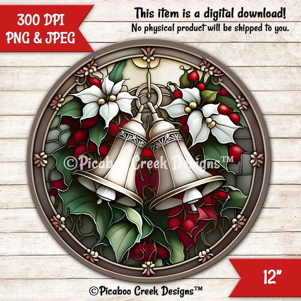 Sublimation PNG Christmas Silver Bells Faux Stained Glass Design - Wreath Sign - Door Hanger - Printable Image - Download - Commercial Use