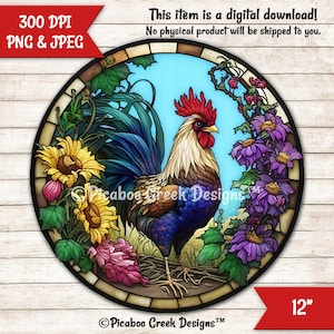 Faux Stained Glass Sublimation Design Rooster- Farmhouse Rustic Wreath Sign - Door Hanger - Printable png Image - Download - Commercial Use