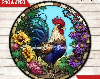 Faux Stained Glass Sublimation Design Rooster- Farmhouse Rustic Wreath Sign - Door Hanger - Printable png Image - Download - Commercial Use