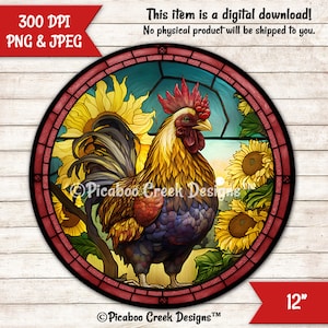 Faux Stained Glass Rooster Sublimation Design - Farmhouse Rustic Wreath Sign - Door Hanger - Printable png Image - Download - Commercial Use