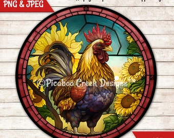 Faux Stained Glass Rooster Sublimation Design - Farmhouse Rustic Wreath Sign - Door Hanger - Printable png Image - Download - Commercial Use