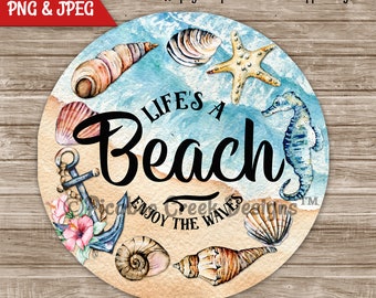 Beach Sublimation Design Spring Summer - Wreath Sign - Door Hanger - Printable Image - Downloadable Image for crafting - Commercial Use