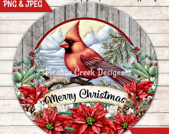 Christmas Red Cardinal Sublimation PNG 2 Versions - Holiday Wreath Sign - Round Door Hanger - Printable - Download - Commercial Use