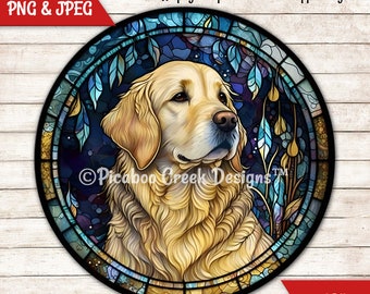 Faux Stained Glass Sublimation Design Golden Retriever - Dog Pet Wreath Sign - Door Hanger - Printable PNG Image - Download - Commercial Use