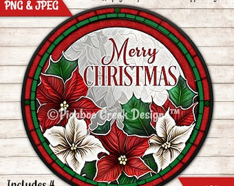 Christmas Sublimation Png 4 Design Bundle Poinsettias Faux Stained Glass Design - Wreath Sign - Door Hanger - Printable Image Commercial Use