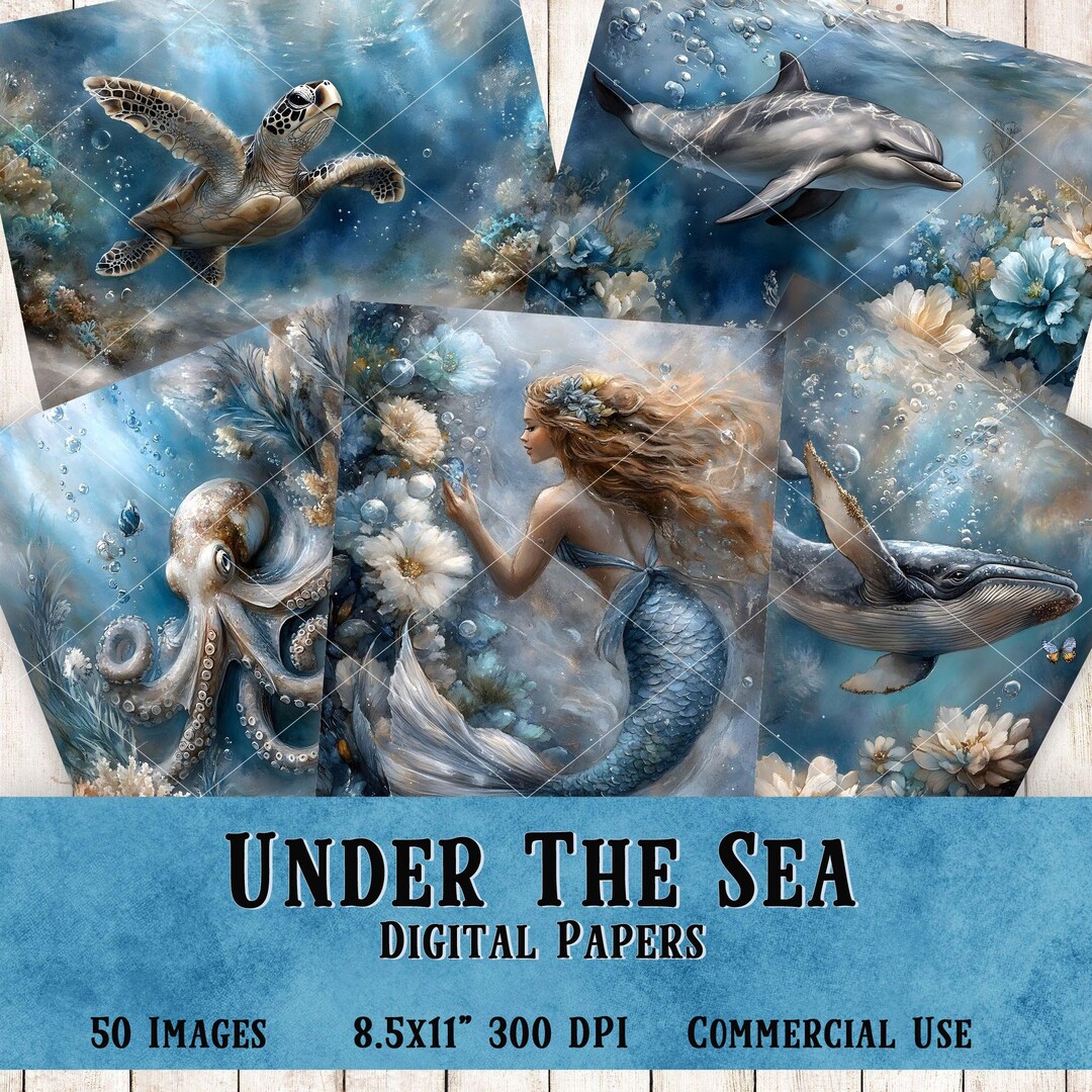 Under the Sea Digital Paper Pack: Mermaid, Ocean Animals (8.5x11 Inch ...