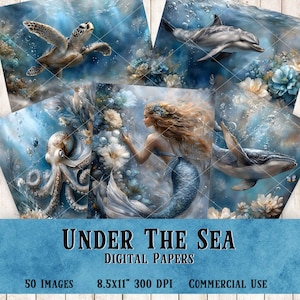 Under the Sea Digital Paper Pack: Mermaid, Ocean Animals (8.5x11 inch, Commercial Use)