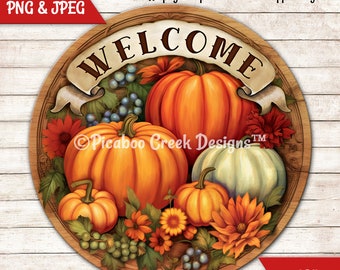 Fall Pumpkins Welcome Sign: Autumn Wreath, Door Decor (Printable PNG)