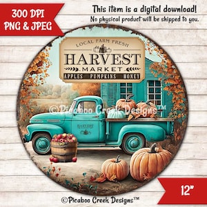 Sublimation PNG Fall Teal Truck Vintage - Round Wreath Sign - Fall Autumn Door Hanger - Printable Image - Downloadable Design Commercial Use