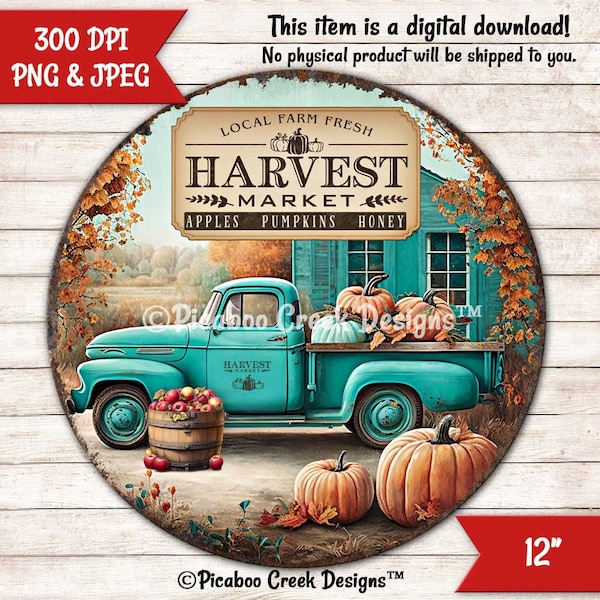 Sublimation PNG Fall Teal Truck Vintage - Round Wreath Sign - Fall Autumn Door Hanger - Printable Image - Downloadable Design Commercial Use