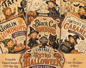 Digitala Halloween-bilder från vintage, utskrivbara skyltar och etiketter, konsttryck, skräpjournal, decoupage, sublimering