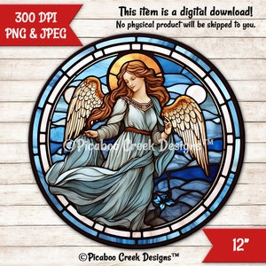 Christmas Angel Faux Stained Glass Holiday Sublimation Design - Christmas Wreath Sign - Door Hanger - Printable - Download - Commercial Use