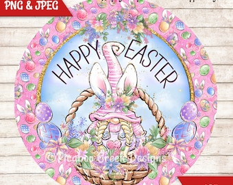 Cute Gnome Happy Easter Sublimation Design - Printable Image - Round Wreath Sign - Spring Door Hanger - Downloadable Image - Commercial Use