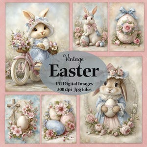May include: A collection of vintage-style Easter digital images. The images feature bunnies, Easter eggs, flowers, and a pink bicycle. The text "Vintage Easter" is displayed, along with details about the digital images.