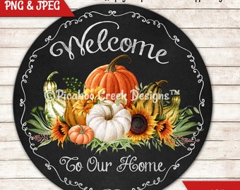 Sublimation PNG Fall Pumpkins Welcome - Round Wreath Sign - Fall Autumn Door Hanger - Printable Image - Downloadable Design Commercial Use