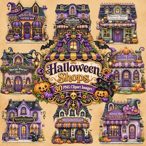 Peut inclure: Une collection d'illustrations numériques représentant diverses boutiques sur le thème d'Halloween dans des tons violets et orange, incluant Witch's Brew Coffee Bar, MoonBeam Mercantile, Harvest Moon General Store, Hocus Pocus Inn, Goblin Goods, Black Cat Creations, Candy Shoppe et Witch Hat Boutique.