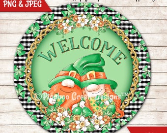 Gnomes St. Patrick's Day Welcome Sign Sublimation Design - Digital Printable image - Round Wreath Sign - Digital Download - Commercial Use
