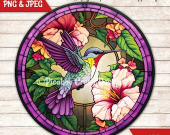 Hummingbird Faux Stained Glass Sublimation Design - Pretty Garden Wreath Sign - Door Hanger - Printable Image - Download - Commercial Use