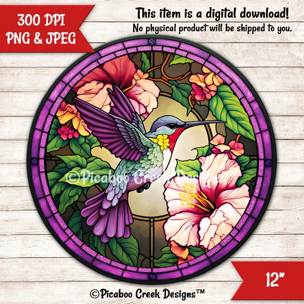 Hummingbird Faux Stained Glass Sublimation Design - Pretty Garden Wreath Sign - Door Hanger - Printable Image - Download - Commercial Use