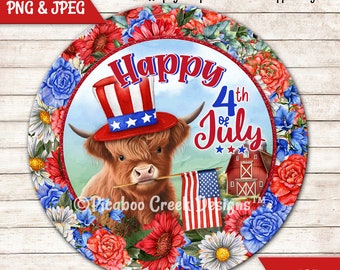 Cute Highland Cow Sublimation PNG Happy 4th of July - July 4th Door Wreath Sign - Printable - Digital Download  Commercial Use