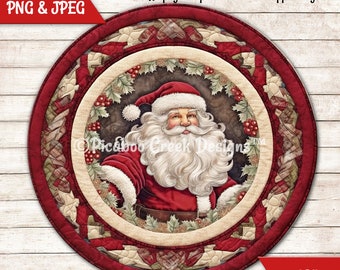 Christmas Santa Claus Sublimation Design Faux Quilted - Unique Holiday Wreath Sign - Door Hanger - Printable - Download - Commercial Use