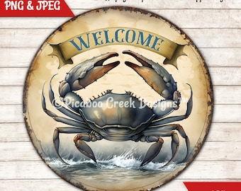 Beach Sublimation Design Vintage Blue Crab Welcome Sign - Wreath Sign - Door Hanger - Printable Image - Downloadable Image - Commercial Use