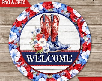 Cowgirl Boots Round Sublimation Image - 4th Of July Western Floral - Wreath Sign - Door Hanger Printable DIgital Download  Commercial Use