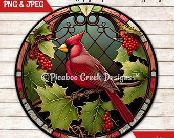 Cardinal Christmas Faux Stained Glass Sublimation PNG - Pretty Garden Wreath Sign - Door Hanger  Printable Image - Download - Commercial Use