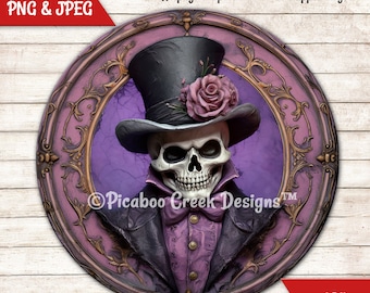 3D Skeleton Gentleman Purple Halloween Sublimation -  Halloween Wreath Sign - Printable Image Download - Round Sign -  Commercial Used